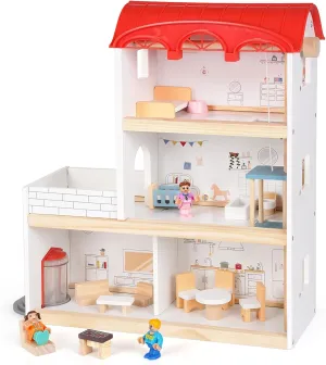 Wooden Dollhouse for Kids, Wood Doll Houses,Wood Playhouse, Three-Story Dollhouse with Furniture & Accessories, DIY Pretend Play House with 3 Doll Figures, Gift for Toddlers & Young Girls