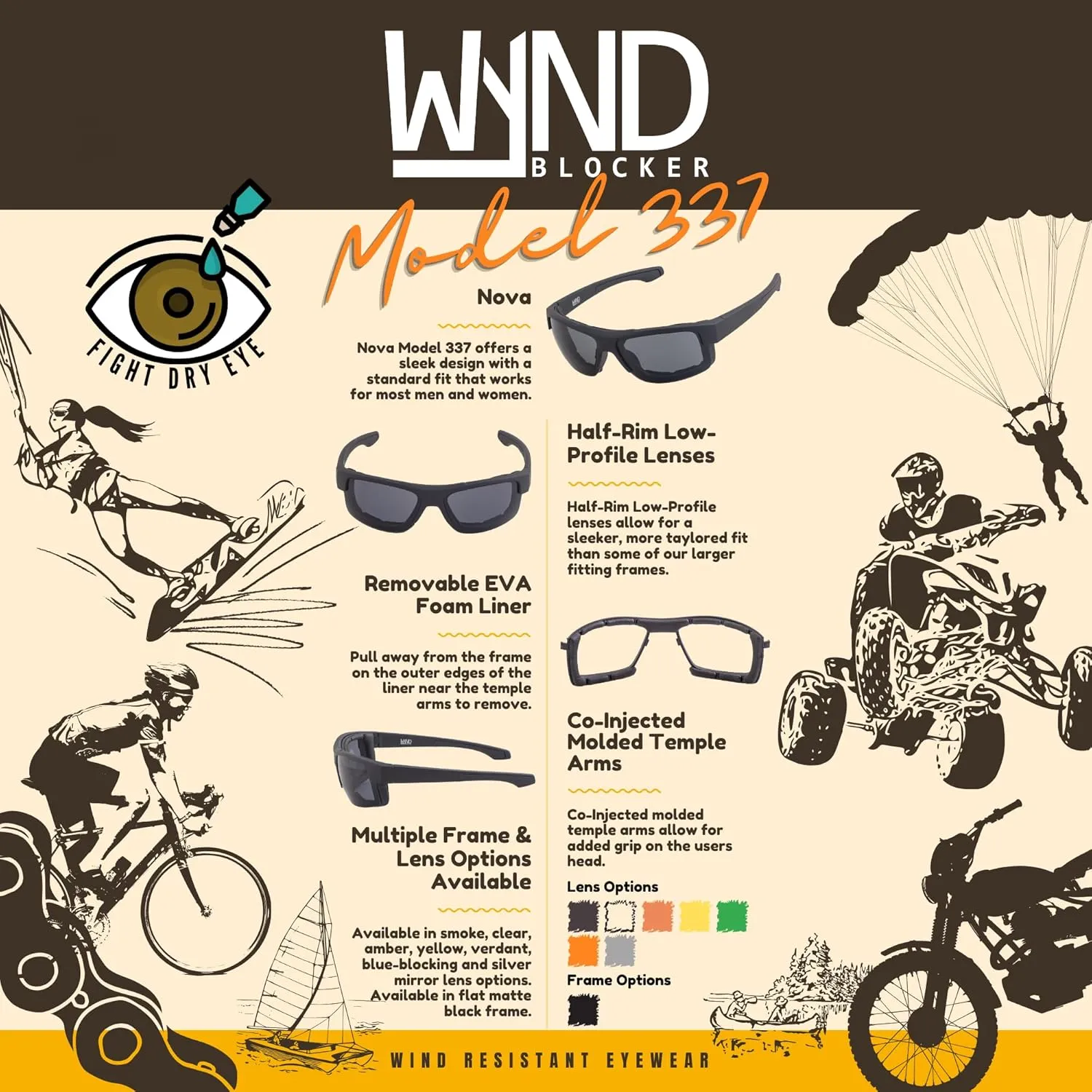 WYND Blocker Nova Motorcycle Riding Glasses Extreme Sports Wrap Dry Eye Sunglasses (Model 337)