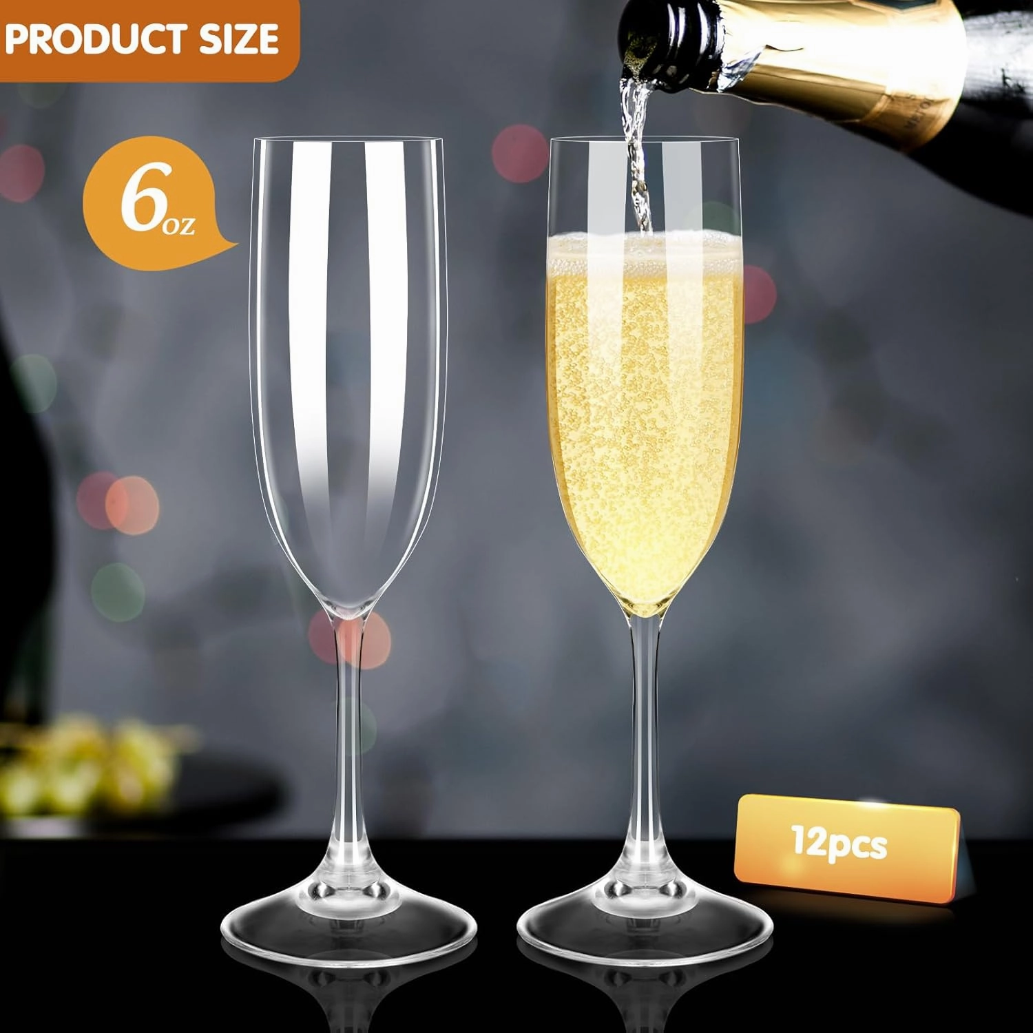 WYTAOHZL 12PCS Acrylic Champagne Flutes 6 OZ Clear Champagne Flutes Plastic Tall Stemmed Champagne Glasses for Wedding Anniversary Birthday Party(Curved Style)
