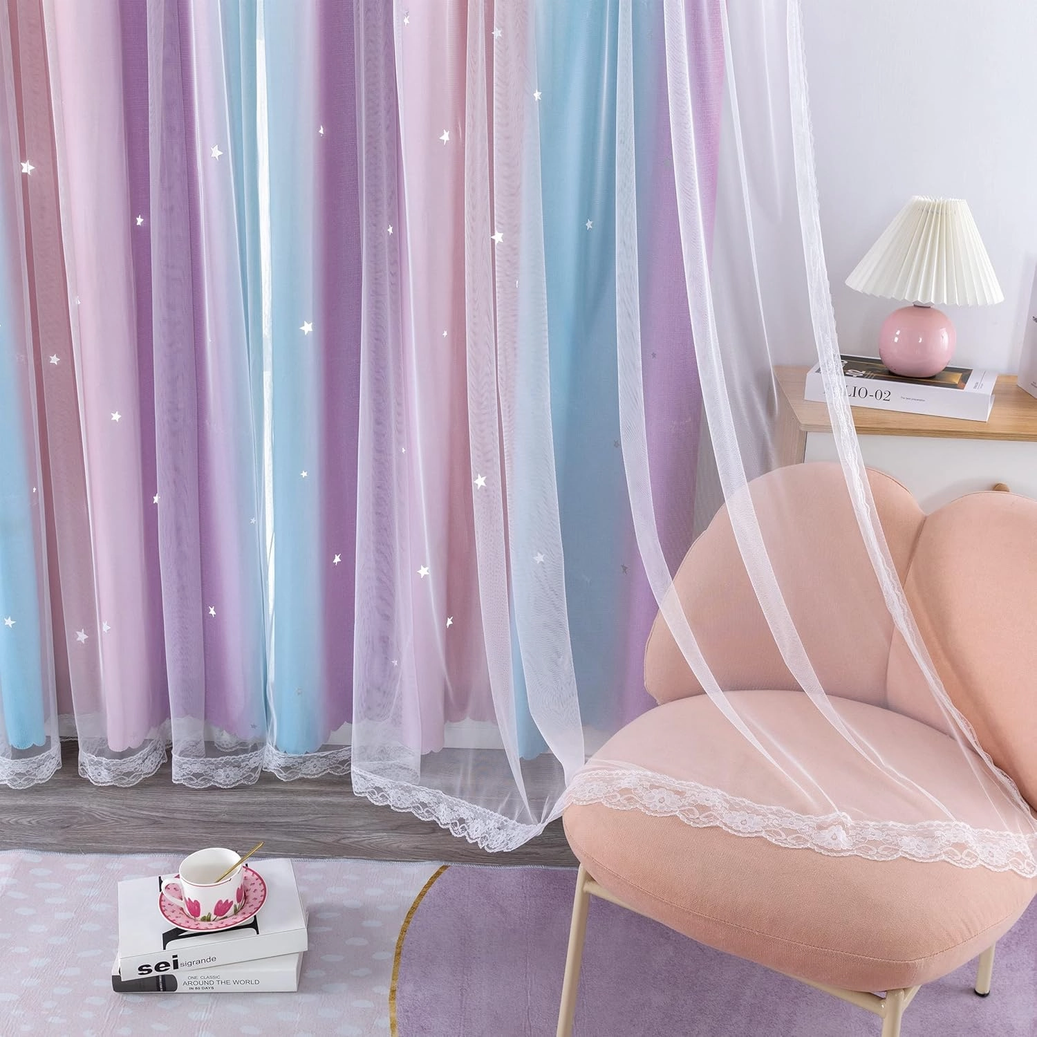 XiDi Purple Curtains for Bedroom, Blackout Curtain for Kids Room, Pink Curtain Double Layer Drapes 42 Inchs Long 34 inches Wide 1 Panel