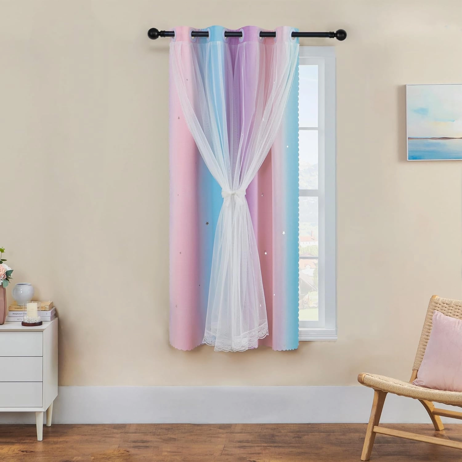 XiDi Purple Curtains for Bedroom, Blackout Curtain for Kids Room, Pink Curtain Double Layer Drapes 42 Inchs Long 34 inches Wide 1 Panel