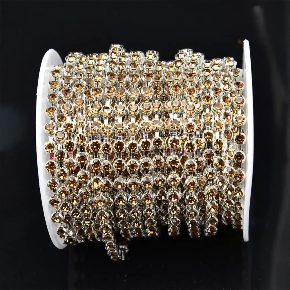 Xinmili 10 Yard/Roll Crystal Rhinestone Round Claws Do Not Hook Clothes Chain Cup Chain AB Trimming Claw Chain Sewing Craft 3mm-4mm Crystal Stone (3mm, Light Topaz)