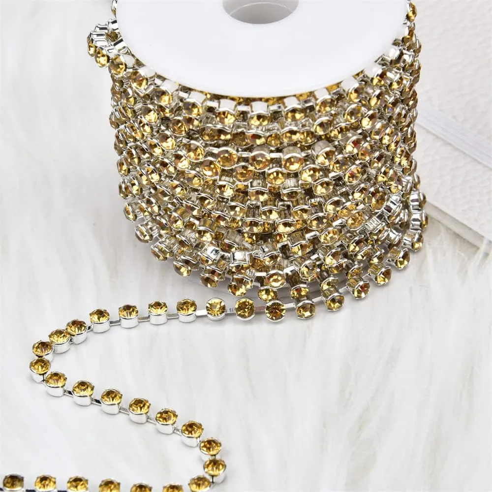 Xinmili 10 Yard/Roll Crystal Rhinestone Round Claws Do Not Hook Clothes Chain Cup Chain AB Trimming Claw Chain Sewing Craft 3mm-4mm Crystal Stone (3mm, Light Topaz)