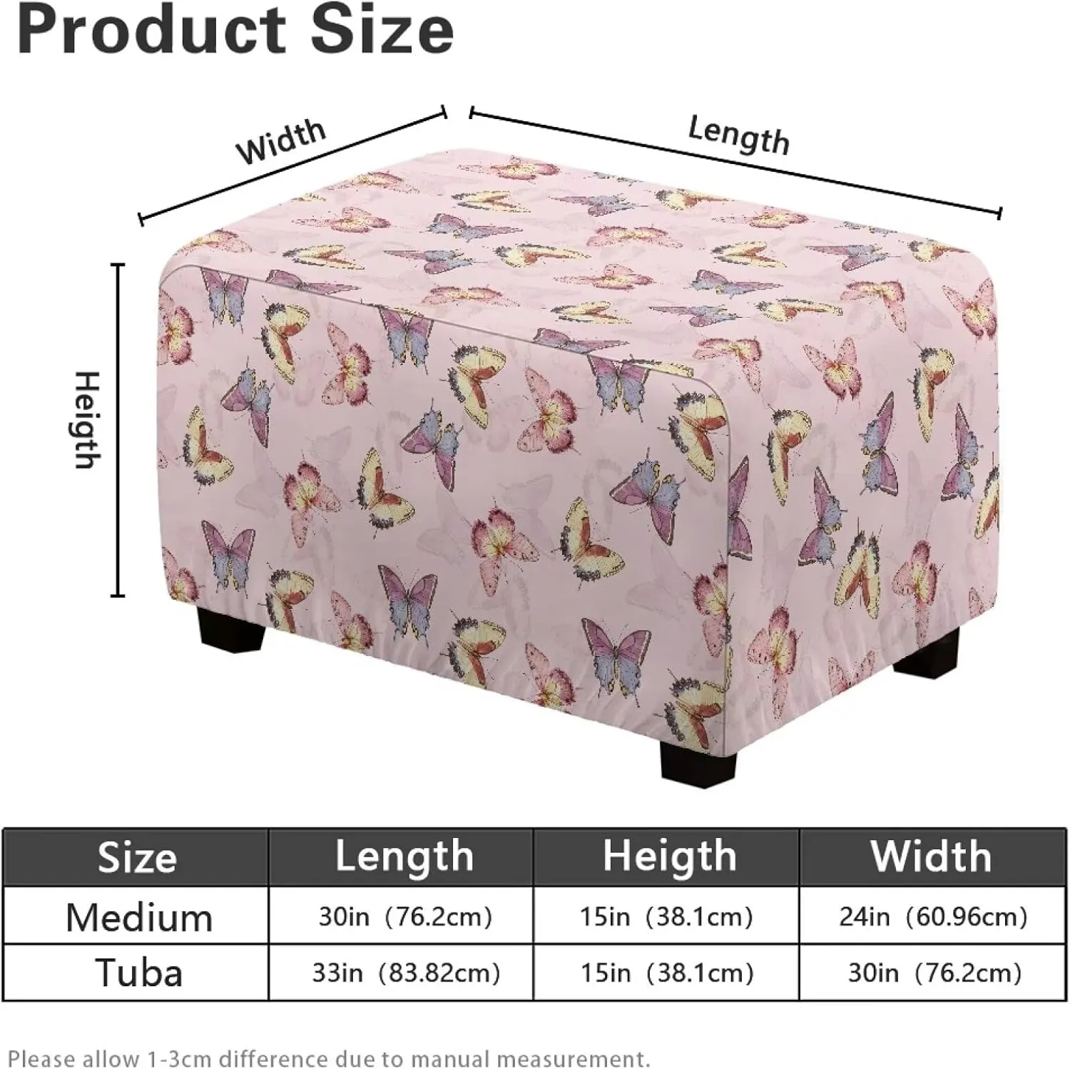 Xoenoiee Butterflies Pink Pattern Stretch Ottoman Cover Rectangle Footstool Slipcover Folding Storage Stool Protector Nonslip Footrest Ottoman Cover with Elastic Bottom, Large