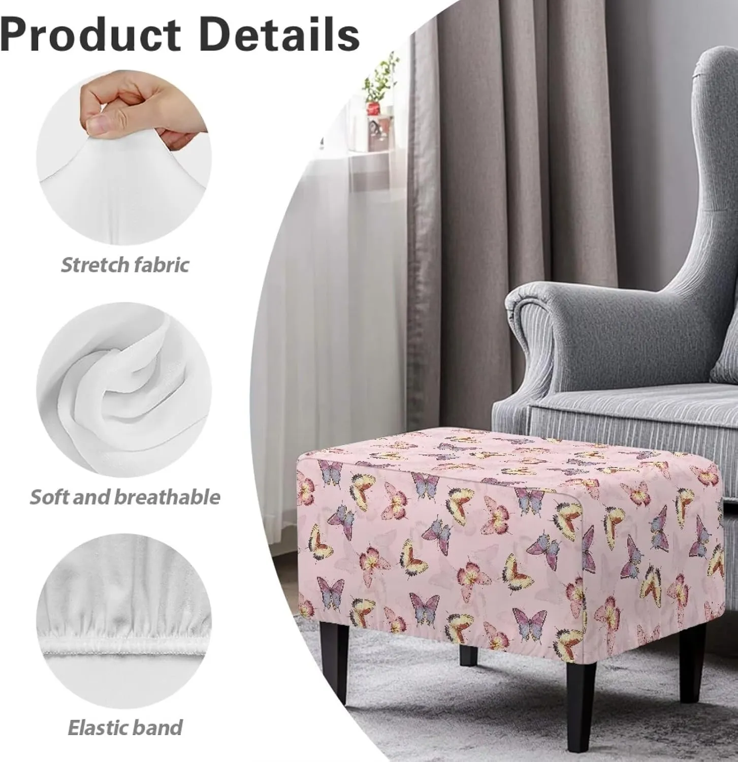 Xoenoiee Butterflies Pink Pattern Stretch Ottoman Cover Rectangle Footstool Slipcover Folding Storage Stool Protector Nonslip Footrest Ottoman Cover with Elastic Bottom, Large