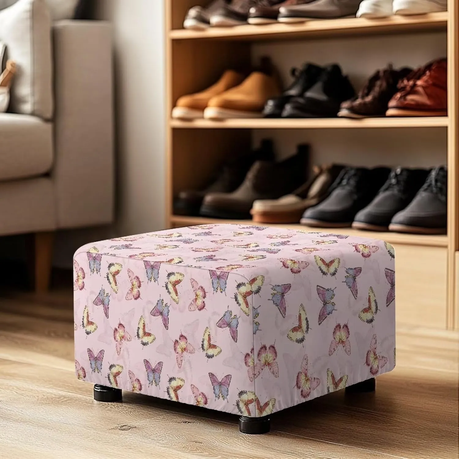 Xoenoiee Butterflies Pink Pattern Stretch Ottoman Cover Rectangle Footstool Slipcover Folding Storage Stool Protector Nonslip Footrest Ottoman Cover with Elastic Bottom, Large