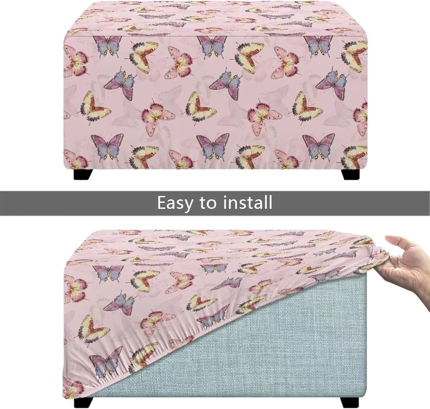 Xoenoiee Butterflies Pink Pattern Stretch Ottoman Cover Rectangle Footstool Slipcover Folding Storage Stool Protector Nonslip Footrest Ottoman Cover with Elastic Bottom, Large