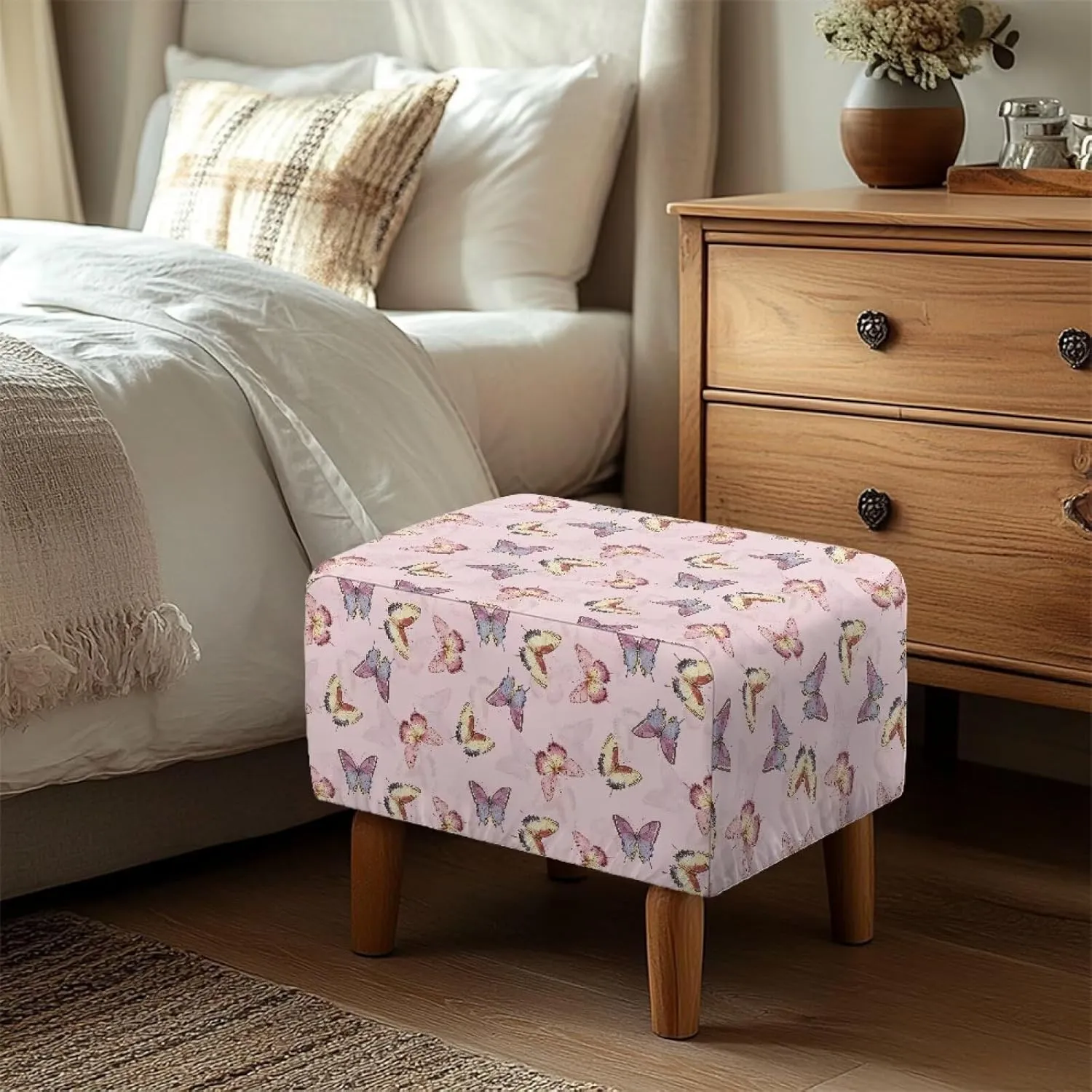 Xoenoiee Butterflies Pink Pattern Stretch Ottoman Cover Rectangle Footstool Slipcover Folding Storage Stool Protector Nonslip Footrest Ottoman Cover with Elastic Bottom, Large