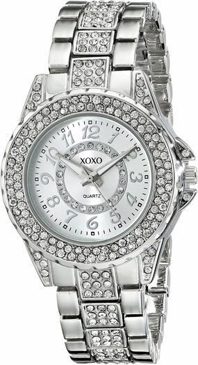 XOXO Silver-Tone Rhinestone Bracelet Watch – Elegant Analog Quartz Timepiece, Sparkling Crystal Accents, Durable Metal Case, Stylish Jewelry Clasp, Gift-Ready Box – Fits Wrists 5.5” to 8”