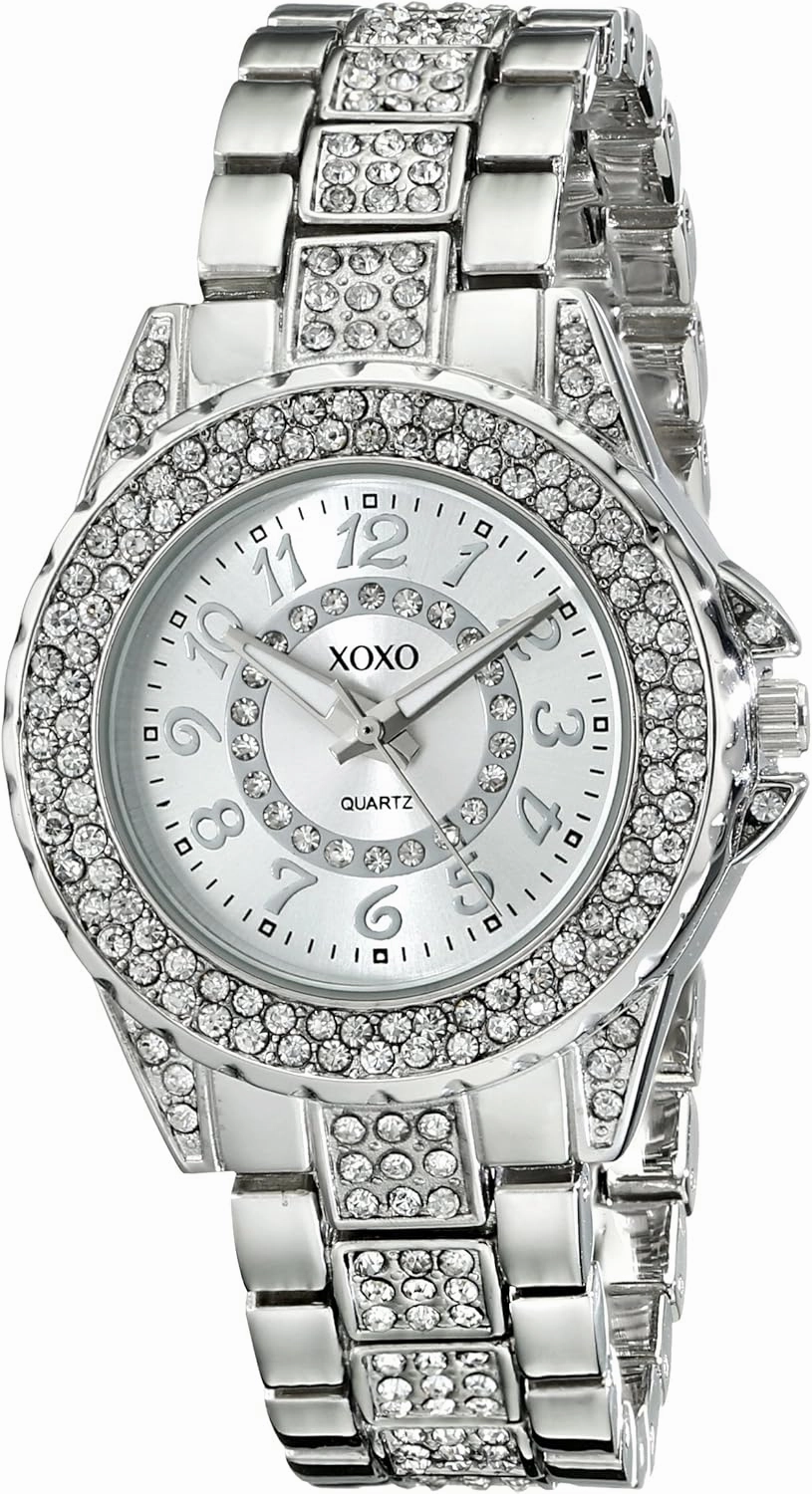 XOXO Silver-Tone Rhinestone Bracelet Watch – Elegant Analog Quartz Timepiece, Sparkling Crystal Accents, Durable Metal Case, Stylish Jewelry Clasp, Gift-Ready Box – Fits Wrists 5.5” to 8”