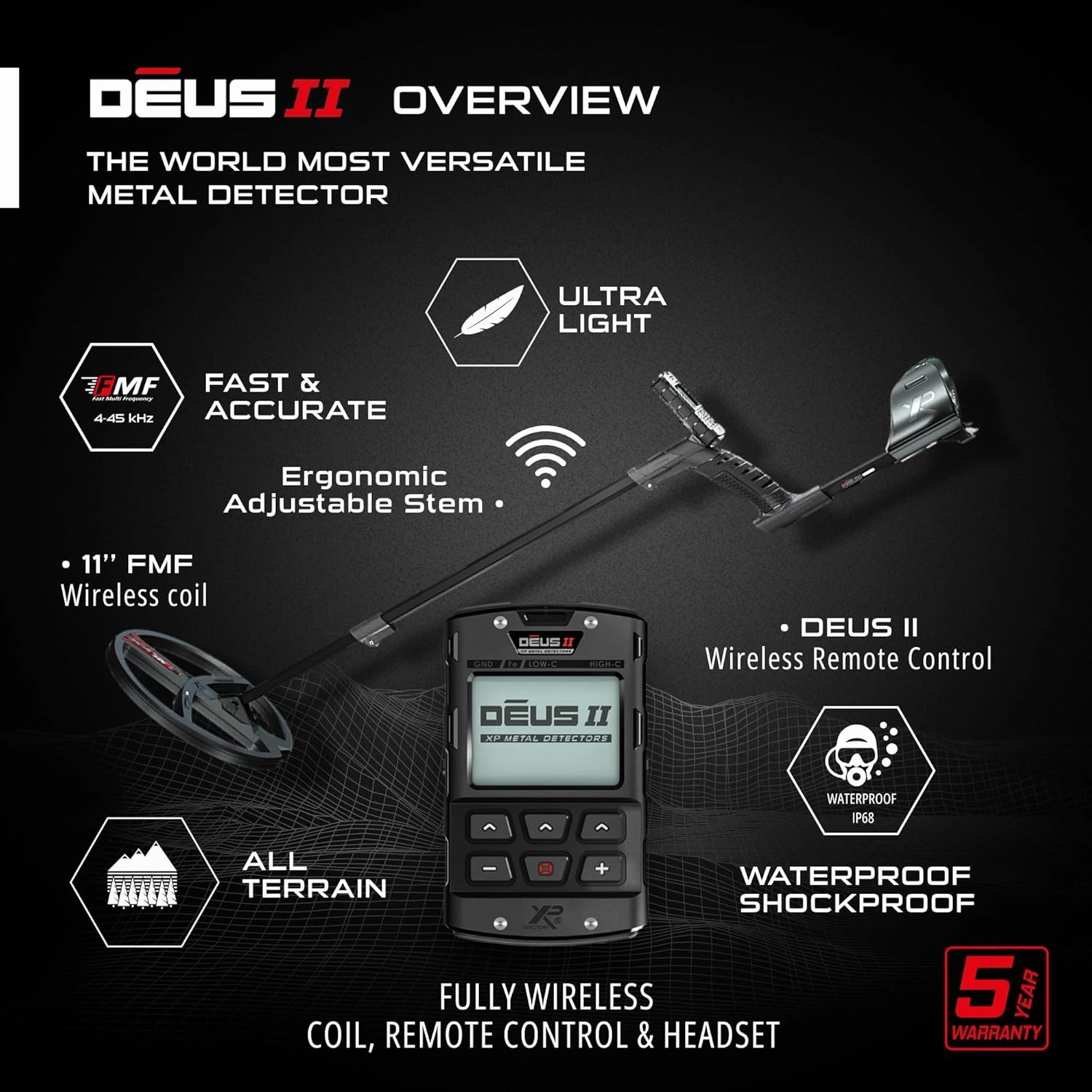 XP Metal Detectors Deus II RC - Waterproof and Multi Frequency, Ideal for Treasure and Relic Hunting - with 11" FMF Coil (28cm), Wireless Remote Control and S-Telescopic stem (DEUS2-28FMFRCEA)