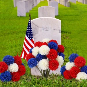 XunYee 24 Pcs Red White Blue Patriotic Artificial Flowers Cemetery Flowers for Graves Memorial Chrysanthemums Ball Fake Hydrangea for 4th of July Home Table Centerpieces Vase Decor