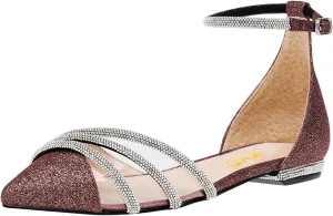 XYD Women Clear Pointed Toe D'Orsay Wedding Flat Sandals Glitter Rhinestones Ankle Strap Low Heel Dressy Bridal Shoes with Buckle