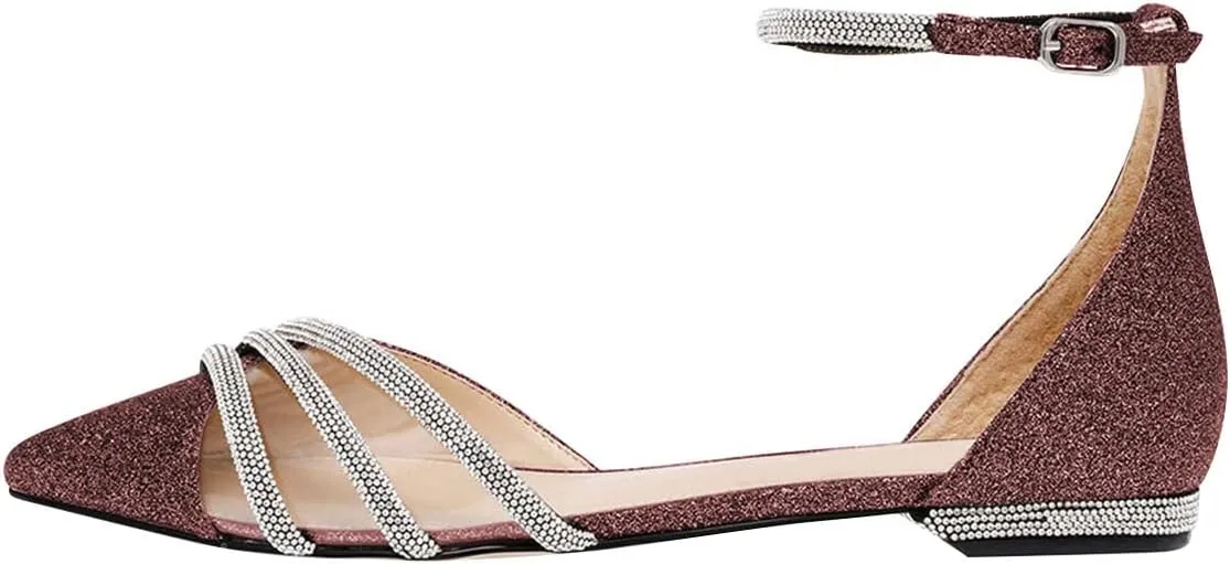 XYD Women Clear Pointed Toe D'Orsay Wedding Flat Sandals Glitter Rhinestones Ankle Strap Low Heel Dressy Bridal Shoes with Buckle