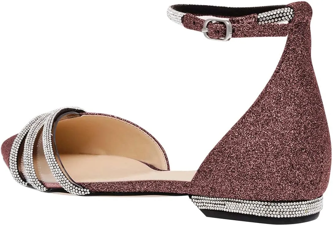 XYD Women Clear Pointed Toe D'Orsay Wedding Flat Sandals Glitter Rhinestones Ankle Strap Low Heel Dressy Bridal Shoes with Buckle