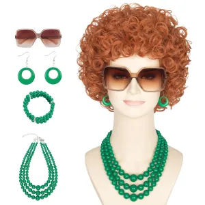 Yan Dream Women Short Curly Red Brown Wig and Glasses Green Oversized Jewelry Set Party Cosplay Wig