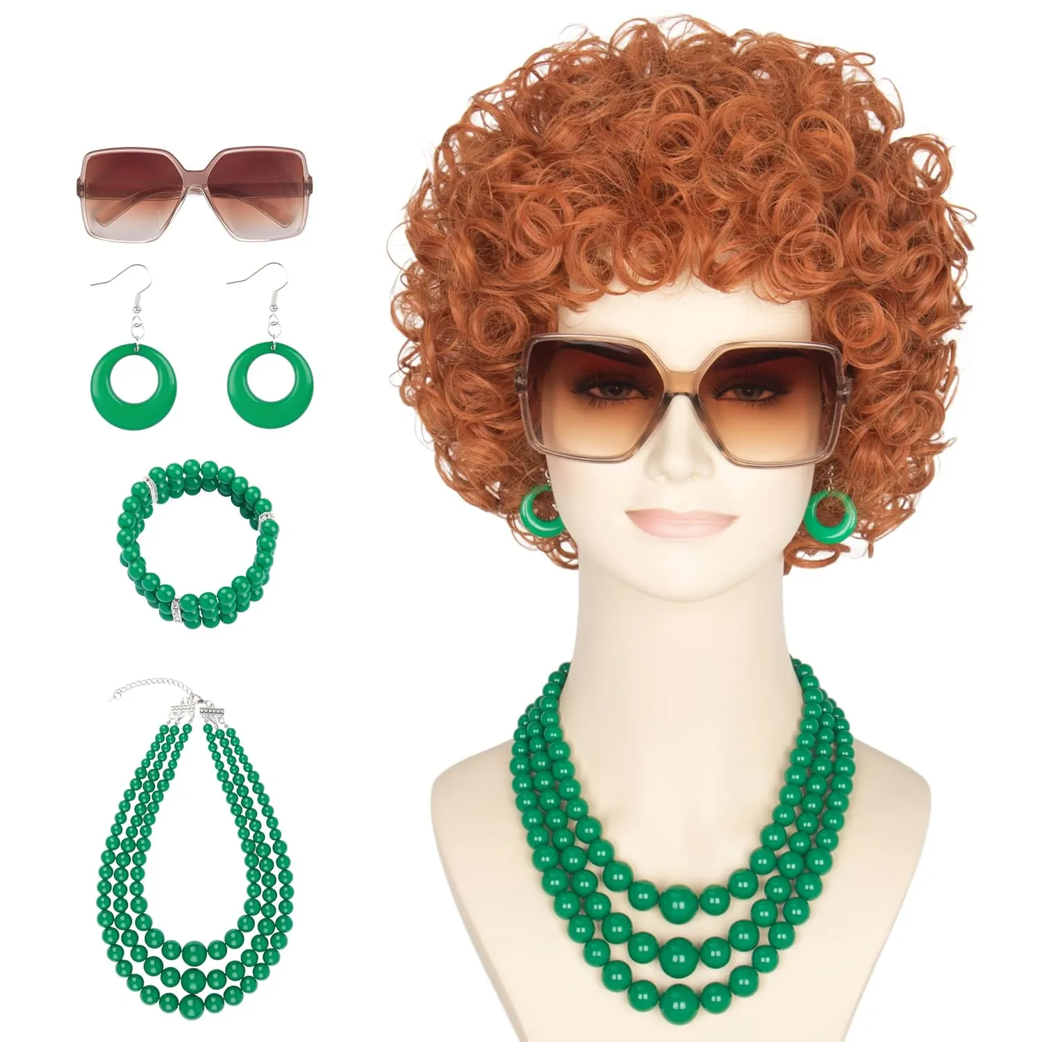Yan Dream Women Short Curly Red Brown Wig and Glasses Green Oversized Jewelry Set Party Cosplay Wig