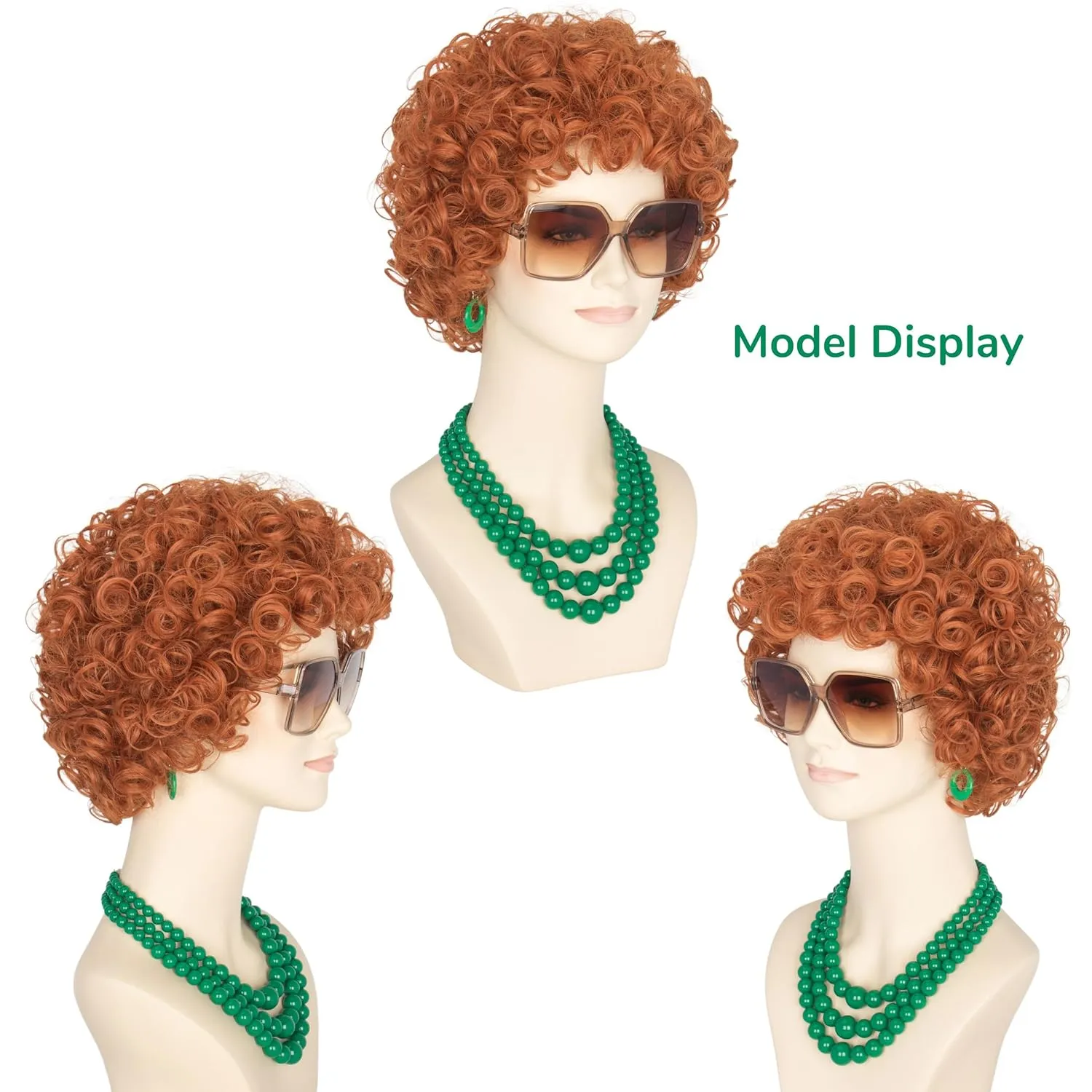 Yan Dream Women Short Curly Red Brown Wig and Glasses Green Oversized Jewelry Set Party Cosplay Wig