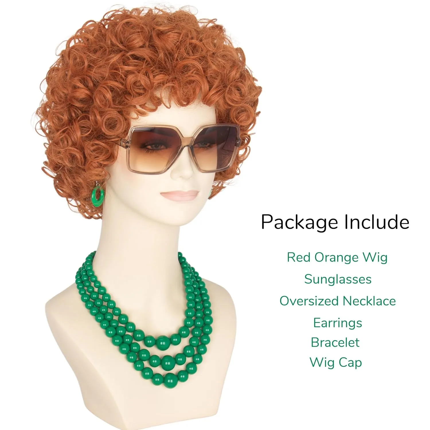 Yan Dream Women Short Curly Red Brown Wig and Glasses Green Oversized Jewelry Set Party Cosplay Wig
