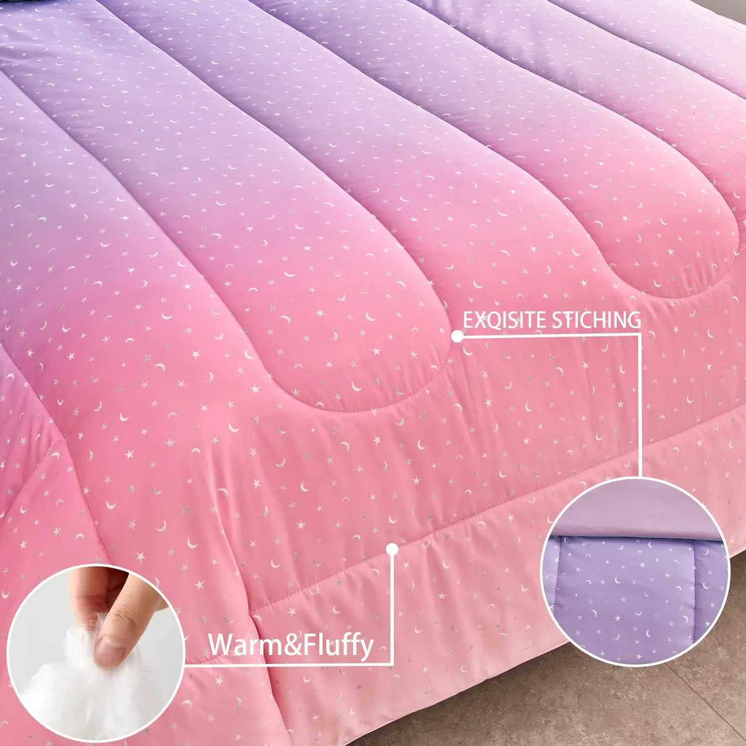Yogeneg Rainbow Comforter Set Twin Size for Teen Girl &Boys Women,Metallic Star Moon Printed Mermaid Comforter with Pillowcase, Microfiber 2 Piece Bedding Set,All Season (Rainbow B, Twin)