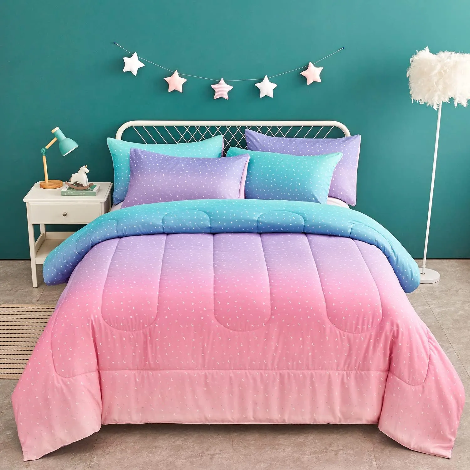 Yogeneg Rainbow Comforter Set Twin Size for Teen Girl &Boys Women,Metallic Star Moon Printed Mermaid Comforter with Pillowcase, Microfiber 2 Piece Bedding Set,All Season (Rainbow B, Twin)