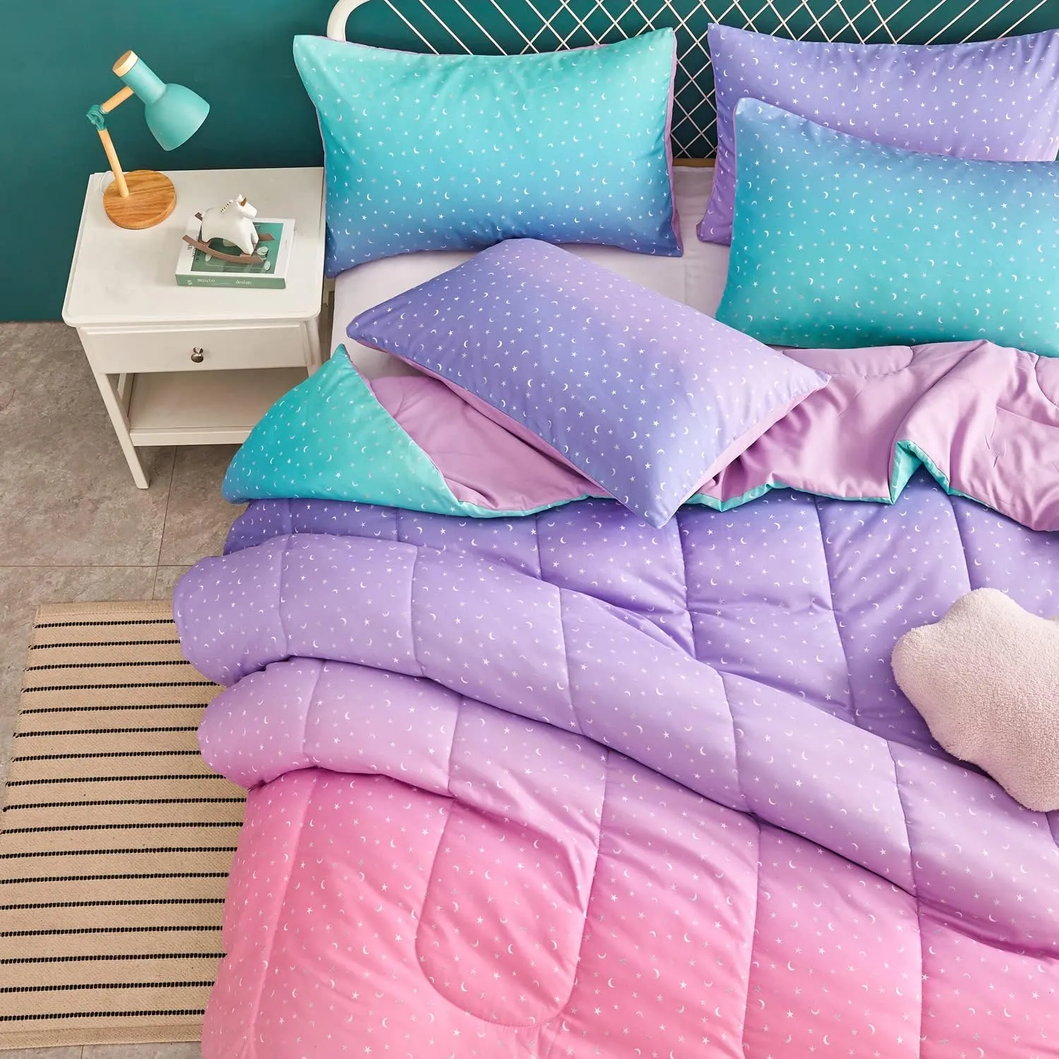 Yogeneg Rainbow Comforter Set Twin Size for Teen Girl &Boys Women,Metallic Star Moon Printed Mermaid Comforter with Pillowcase, Microfiber 2 Piece Bedding Set,All Season (Rainbow B, Twin)