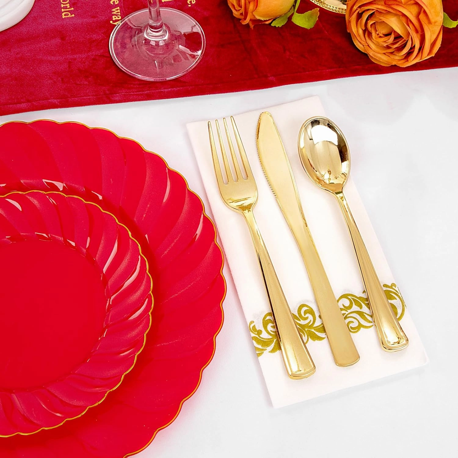 YOUBET 150PCS Red Plastic Plates -Gold Plastic Silverware & Hand Napkins, Red and Gold Plate include 50 Plate, 25 Forks, 25 Knives, 25 Spoons, 25 Napkins, Ideal for Weddings & Party