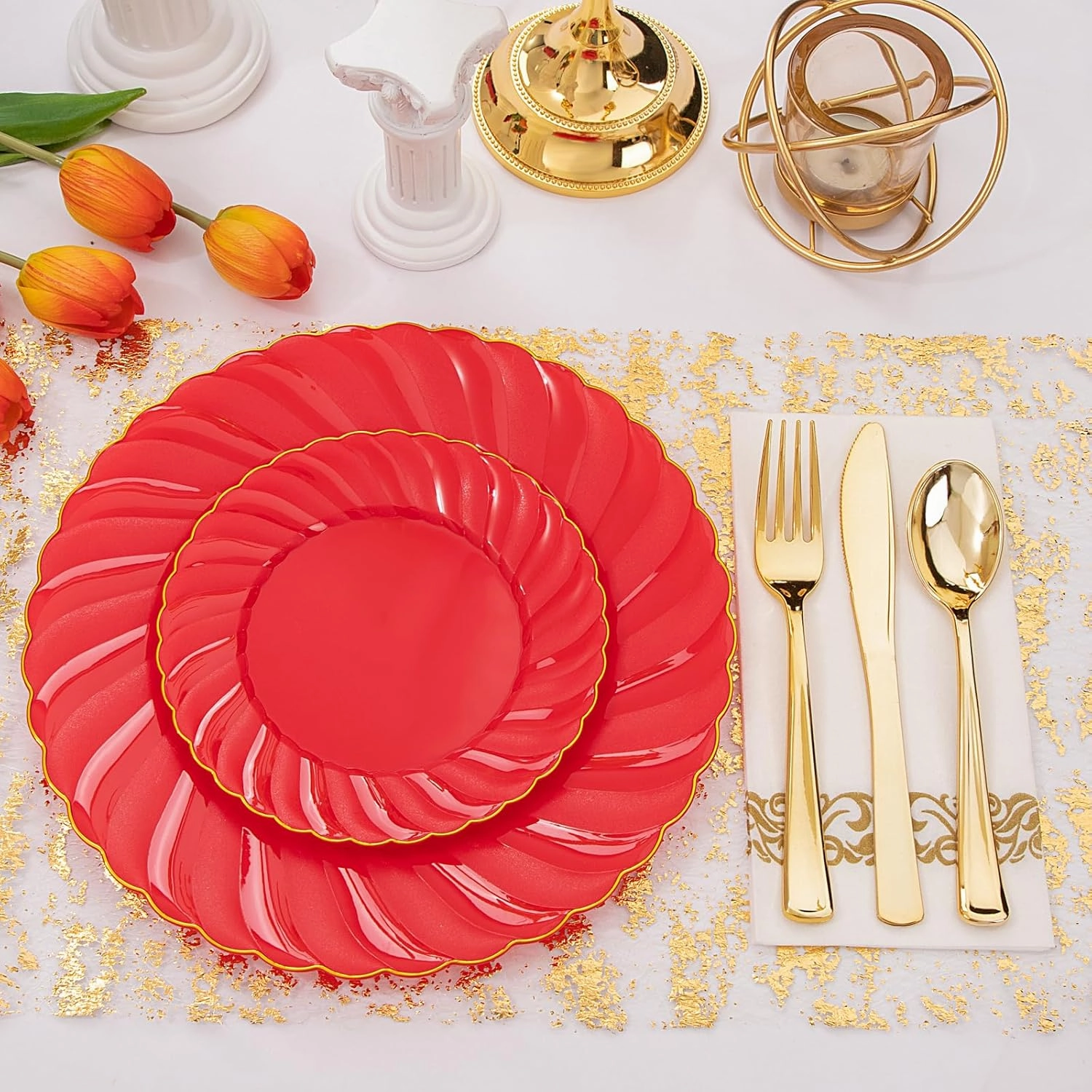 YOUBET 150PCS Red Plastic Plates -Gold Plastic Silverware & Hand Napkins, Red and Gold Plate include 50 Plate, 25 Forks, 25 Knives, 25 Spoons, 25 Napkins, Ideal for Weddings & Party