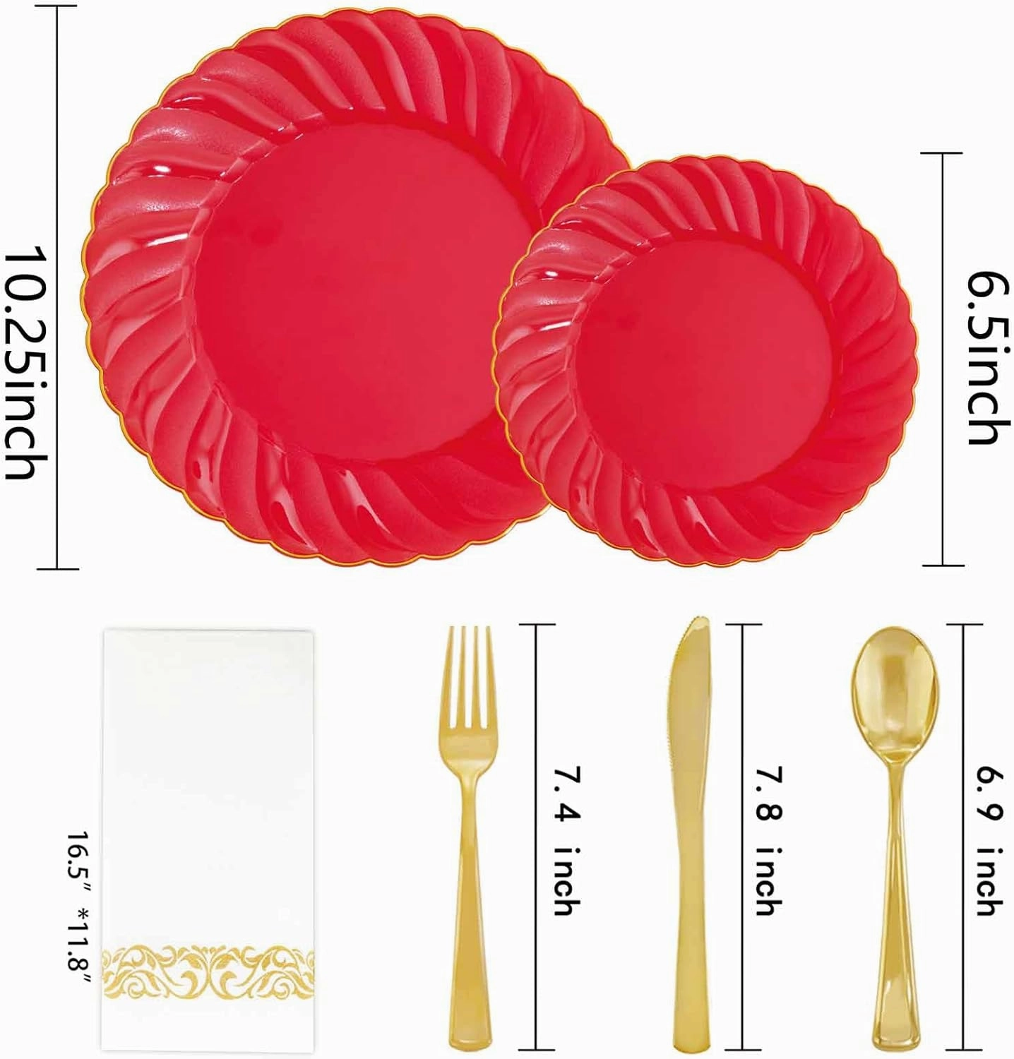 YOUBET 150PCS Red Plastic Plates -Gold Plastic Silverware & Hand Napkins, Red and Gold Plate include 50 Plate, 25 Forks, 25 Knives, 25 Spoons, 25 Napkins, Ideal for Weddings & Party