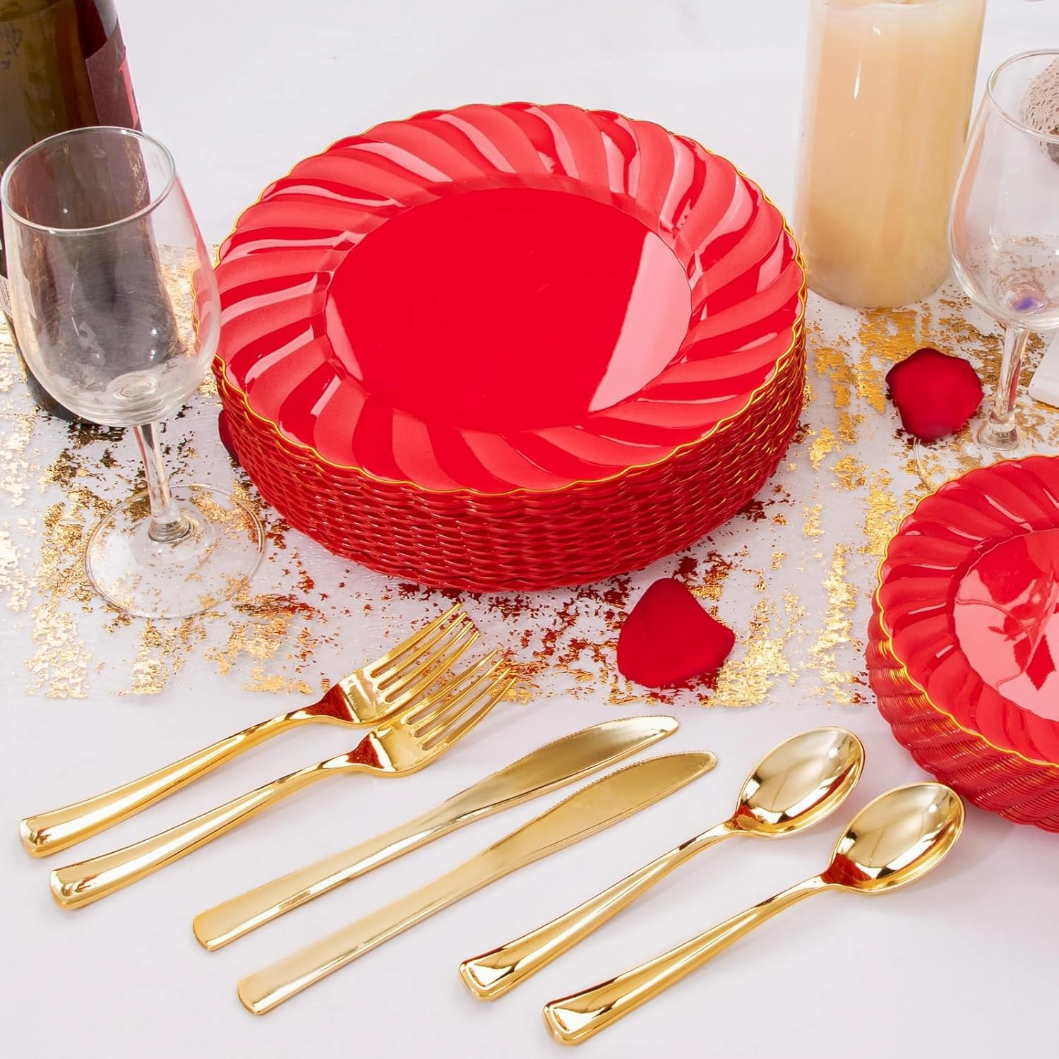 YOUBET 150PCS Red Plastic Plates -Gold Plastic Silverware & Hand Napkins, Red and Gold Plate include 50 Plate, 25 Forks, 25 Knives, 25 Spoons, 25 Napkins, Ideal for Weddings & Party