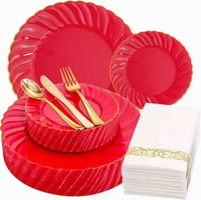 YOUBET 150PCS Red Plastic Plates -Gold Plastic Silverware & Hand Napkins, Red and Gold Plate include 50 Plate, 25 Forks, 25 Knives, 25 Spoons, 25 Napkins, Ideal for Weddings & Party
