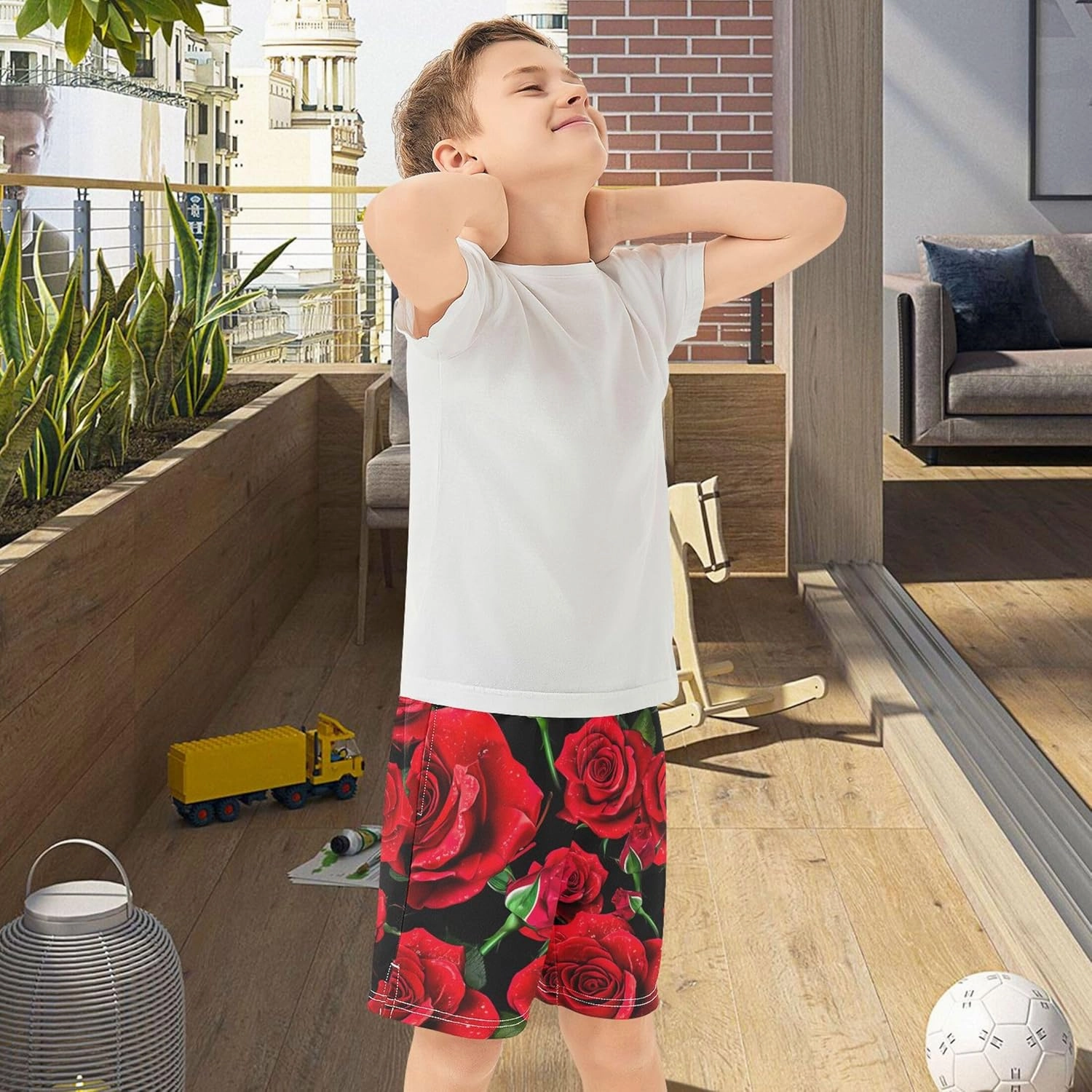 Youth Boys Fashion Shorts Summer Vibrant Red Roses Dew Drops Athletic Shorts Cool Pajama Shorts 7-8