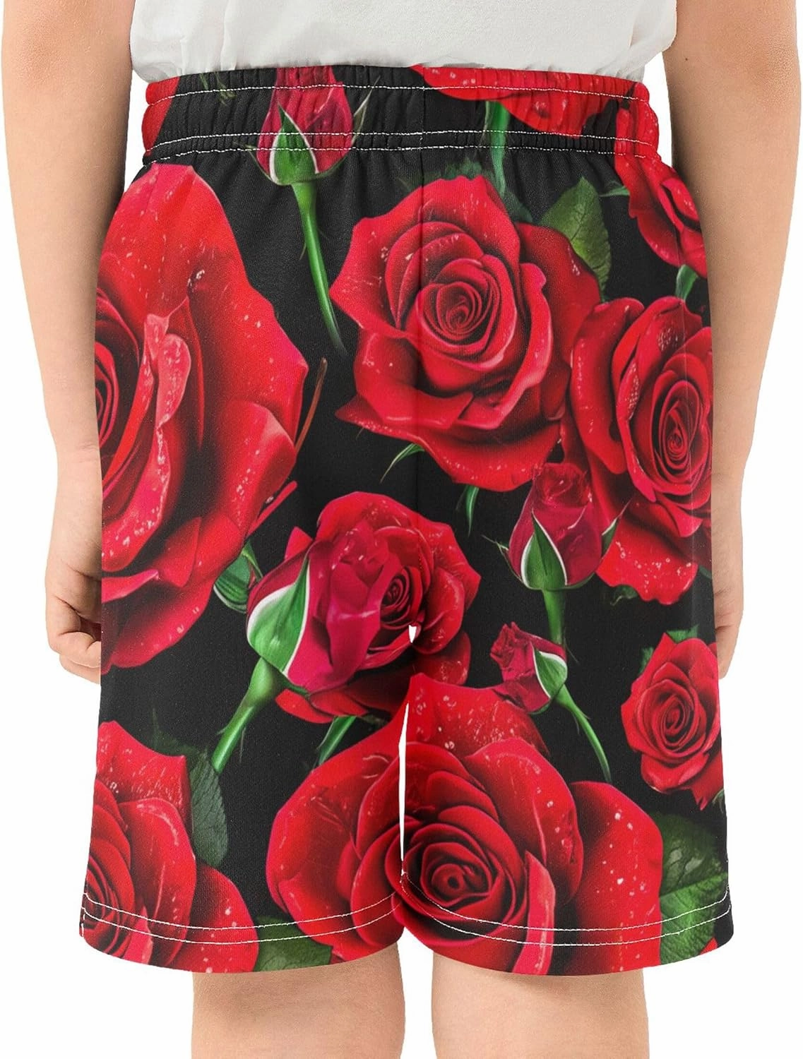 Youth Boys Fashion Shorts Summer Vibrant Red Roses Dew Drops Athletic Shorts Cool Pajama Shorts 7-8