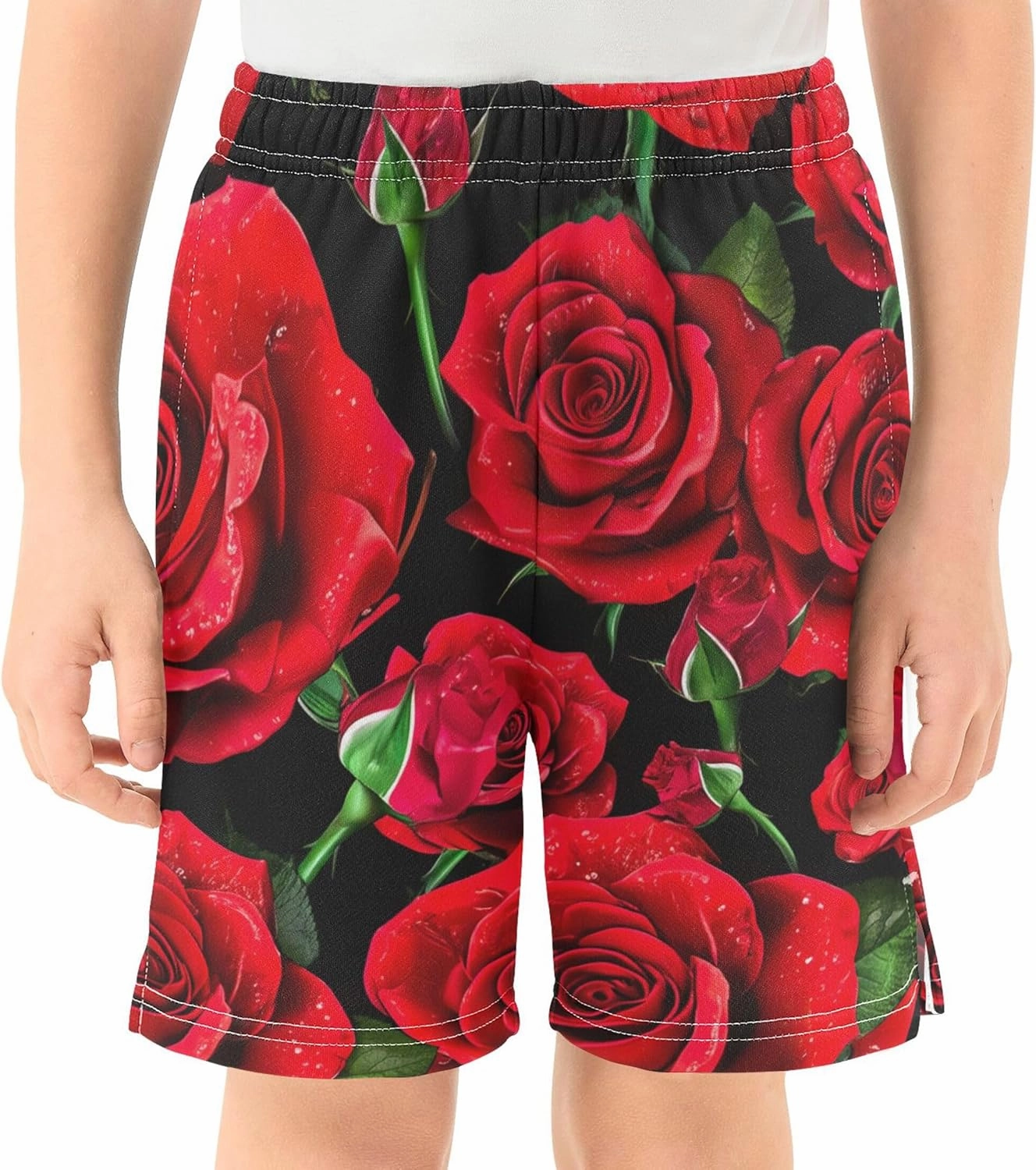 Youth Boys Fashion Shorts Summer Vibrant Red Roses Dew Drops Athletic Shorts Cool Pajama Shorts 7-8