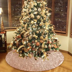 yuboo Rose Gold Christmas Valentine Tree Skirt, 48 Inch Sequin Glitter Pink Tree Mat for Valentines Day Decor Valentines Decorations for The Home