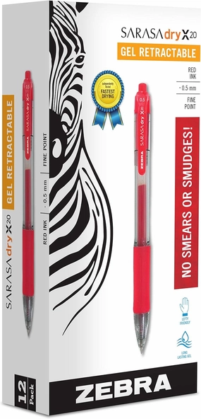 Zebra Pen Sarasa Dry X20 Retractable Gel Pen, Fine Point, 0.5mm, Red Ink, 12-Pack (46730)