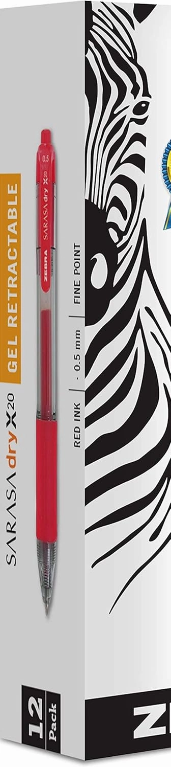 Zebra Pen Sarasa Dry X20 Retractable Gel Pen, Fine Point, 0.5mm, Red Ink, 12-Pack (46730)