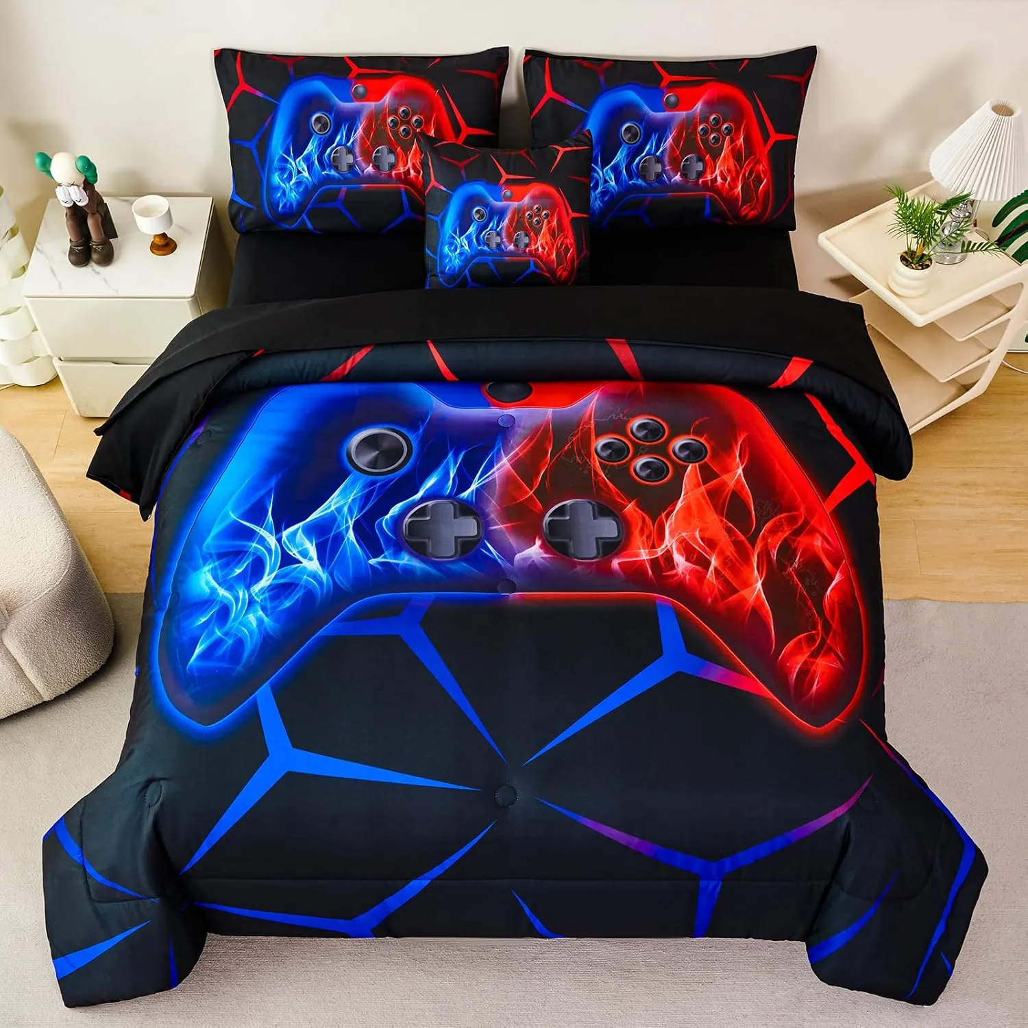 ZRNBAST 6-Piece Gamer Comforter Set Full Size Red and Blue Gaming Bedding Sets for Boys with Sheets Soft Fluffy Game Console Design Bed in a Bag (Red Blue, Full)
