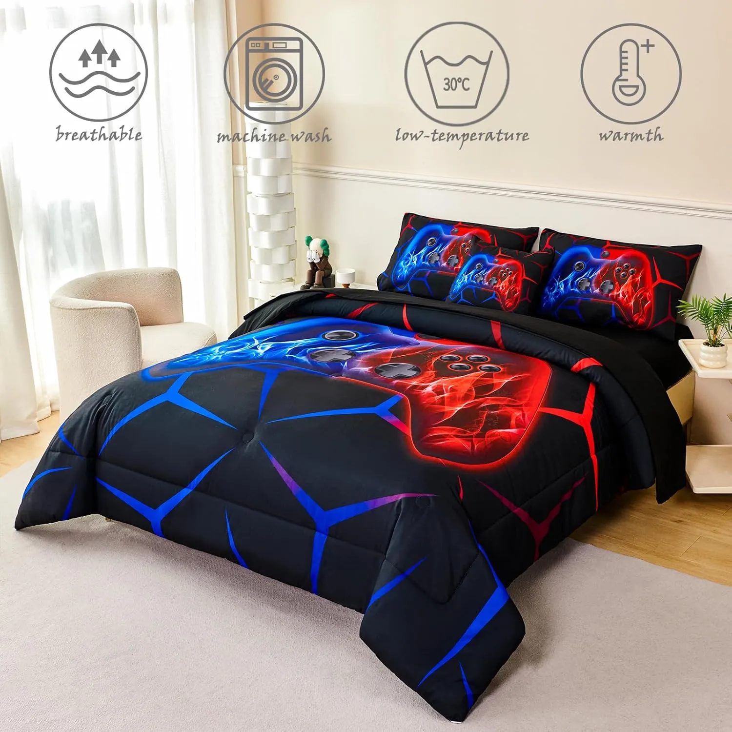 ZRNBAST 6-Piece Gamer Comforter Set Full Size Red and Blue Gaming Bedding Sets for Boys with Sheets Soft Fluffy Game Console Design Bed in a Bag (Red Blue, Full)