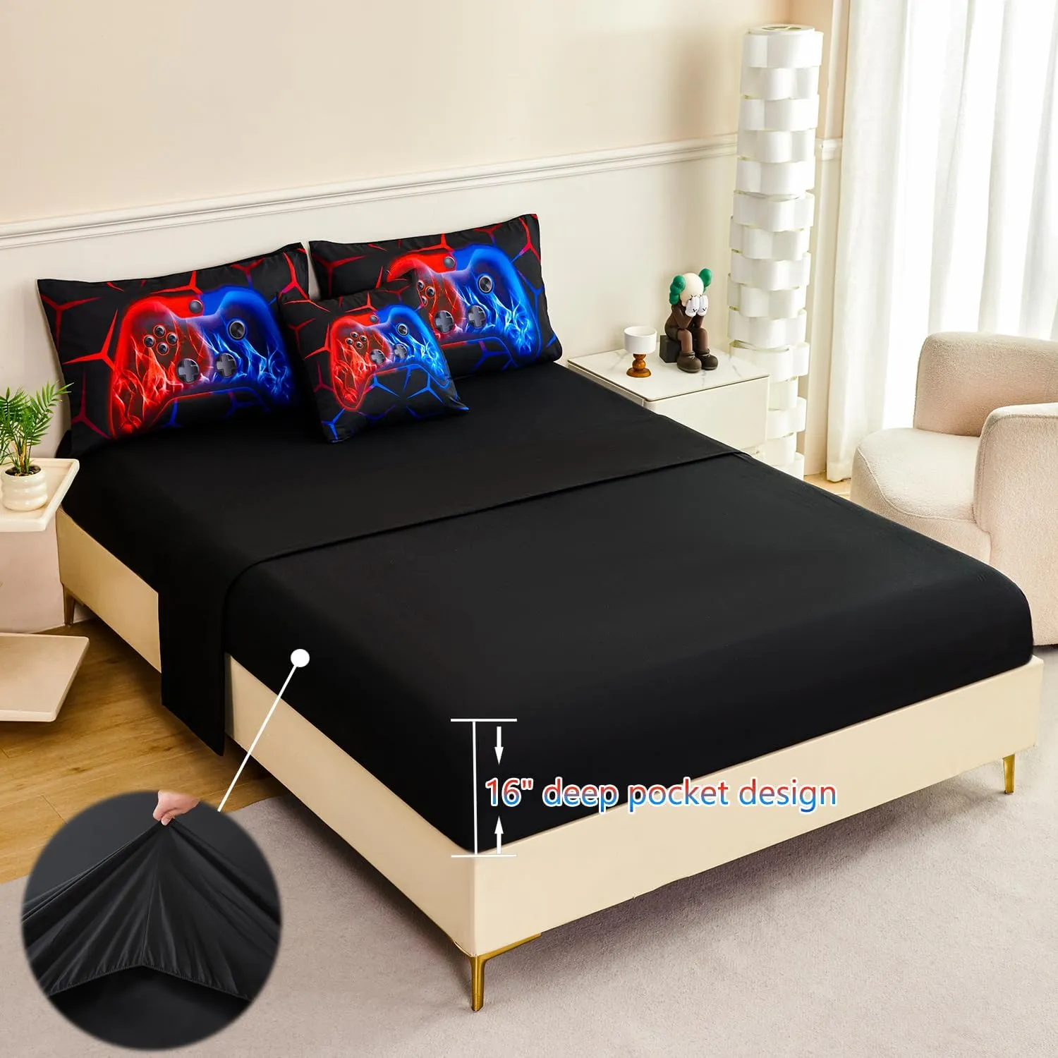 ZRNBAST 6-Piece Gamer Comforter Set Full Size Red and Blue Gaming Bedding Sets for Boys with Sheets Soft Fluffy Game Console Design Bed in a Bag (Red Blue, Full)