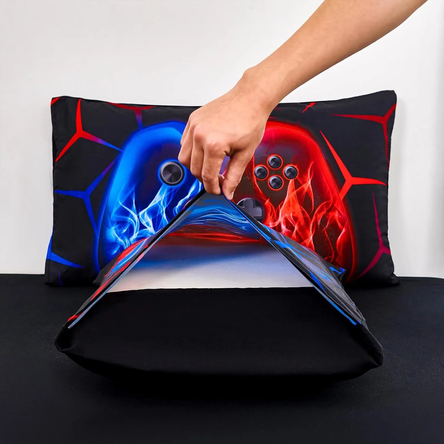 ZRNBAST 6-Piece Gamer Comforter Set Full Size Red and Blue Gaming Bedding Sets for Boys with Sheets Soft Fluffy Game Console Design Bed in a Bag (Red Blue, Full)