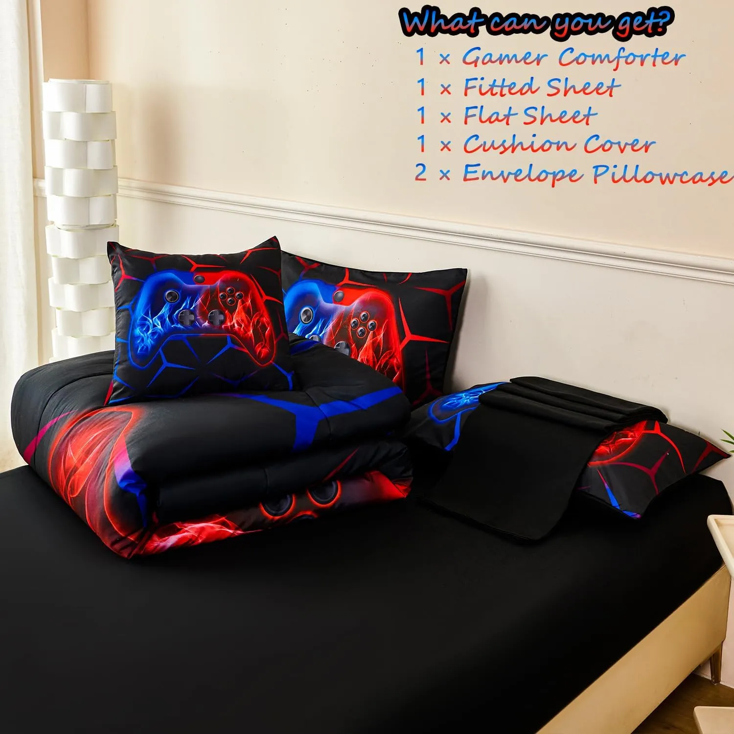 ZRNBAST 6-Piece Gamer Comforter Set Full Size Red and Blue Gaming Bedding Sets for Boys with Sheets Soft Fluffy Game Console Design Bed in a Bag (Red Blue, Full)